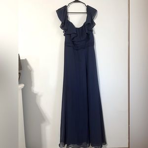 Navy blue ruffle neckline dress